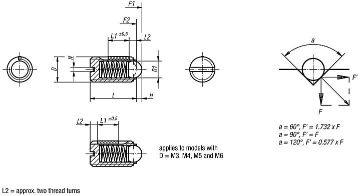Spring Plunger. Thread M12. Length 22mm. Ball Diameter 8mm. Spring Force 30N. Stainless Steel.