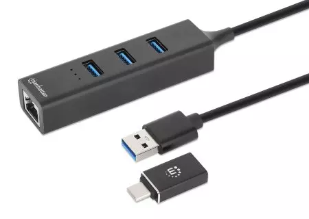 Manhattan USB-C & USB-A Combo Dock/Hub, Ports (4): Ethernet and USB-A (x3), 5 Gbps (USB 3.2 Gen1 aka USB 3.0), External Power Supply Not Needed, USB-A Male with Attachable USB-C Male Adapter, SuperSpeed USB, Black, Retail Box