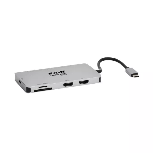 Tripp Lite U442-DOCK8-GG USB-C Dock, Dual Display - 4K 60 Hz HDMI, USB 3.x (5Gbps) Hub Ports, Memory Card, 100W PD Charging, Gray