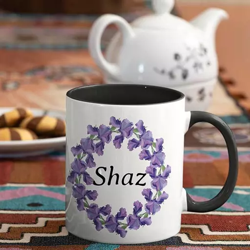 Personalised Black Coloured Inside Name Mug - Purple Wreath