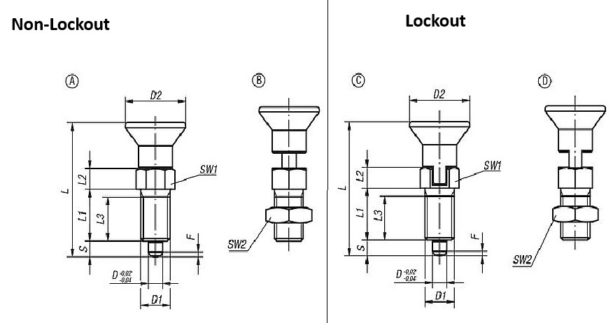 Indexing Plunger. M8 Thread. 1mm Thread Pitch. 4mm Pin Diameter. With Locking Slot. Hardened. Stainless Steel.