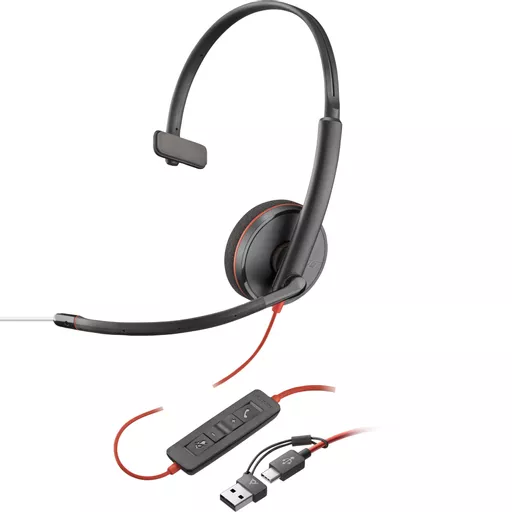 POLY Blackwire 3210 Monaural USB-C Headset +USB-C/A Adapter