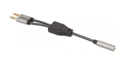 Manhattan Headset Adapter Cable with Stereo Audio Y-Splitter, 3.5mm, Aux, 15cm, Female/2x Male, Splits Single Headset Plug into Microphone and Audio Plugs, Slim Design, Black/Silver, Gold plated contacts and pure oxygen-free copper wire, Lifetime Warranty