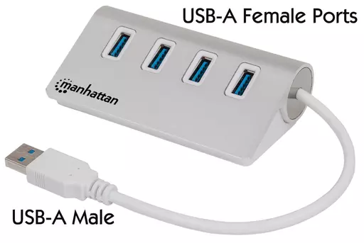 Manhattan USB-A 4-Port Hub, 4x USB-A Ports, 5 Gbps (USB 3.2 Gen1 aka USB 3.0), Bus Powered, Fast charging up to 0.9A, Equivalent to ST43004UA, SuperSpeed USB, Aluminium Housing, Windows and Mac, Silver, Three Year Warranty, Blister