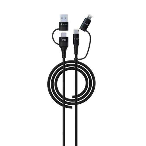 Devia - 1.5m (60W) PD Mesh Armour USB & USB-C to Lightning & USB-C Cable - Black