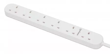 Manhattan Power Distribution Unit UK, x6 gang/output, 2m cable, 13A, White, Extension Lead, PDU, Power Strip, Three Year Warranty