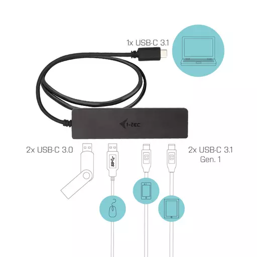 i-tec Metal USB-C HUB 2x USB 3.0 + 2x USB-C, with 85cm USB-C cable