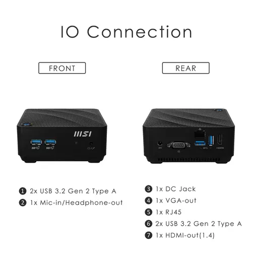 MSI Cubi N JSL Intel Celeron-N4500 Barebone, Mini-PC, SFF, USB 3.2 Gen2, HDMI, VGA, LAN, WiFi, BT, VESA, Supports Max 16GB DDR4 2666MHz (2 Slots), M.2 (1 Slot)