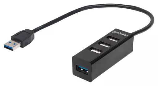 Manhattan USB-A 4-Port Hub, 4x USB-A Ports (1x 5 Gbps USB 3.2 Gen1 aka USB 3.0, 3 x 480 Mbps USB 2.0), Bus Powered, Black, Three Year Warranty, Blister
