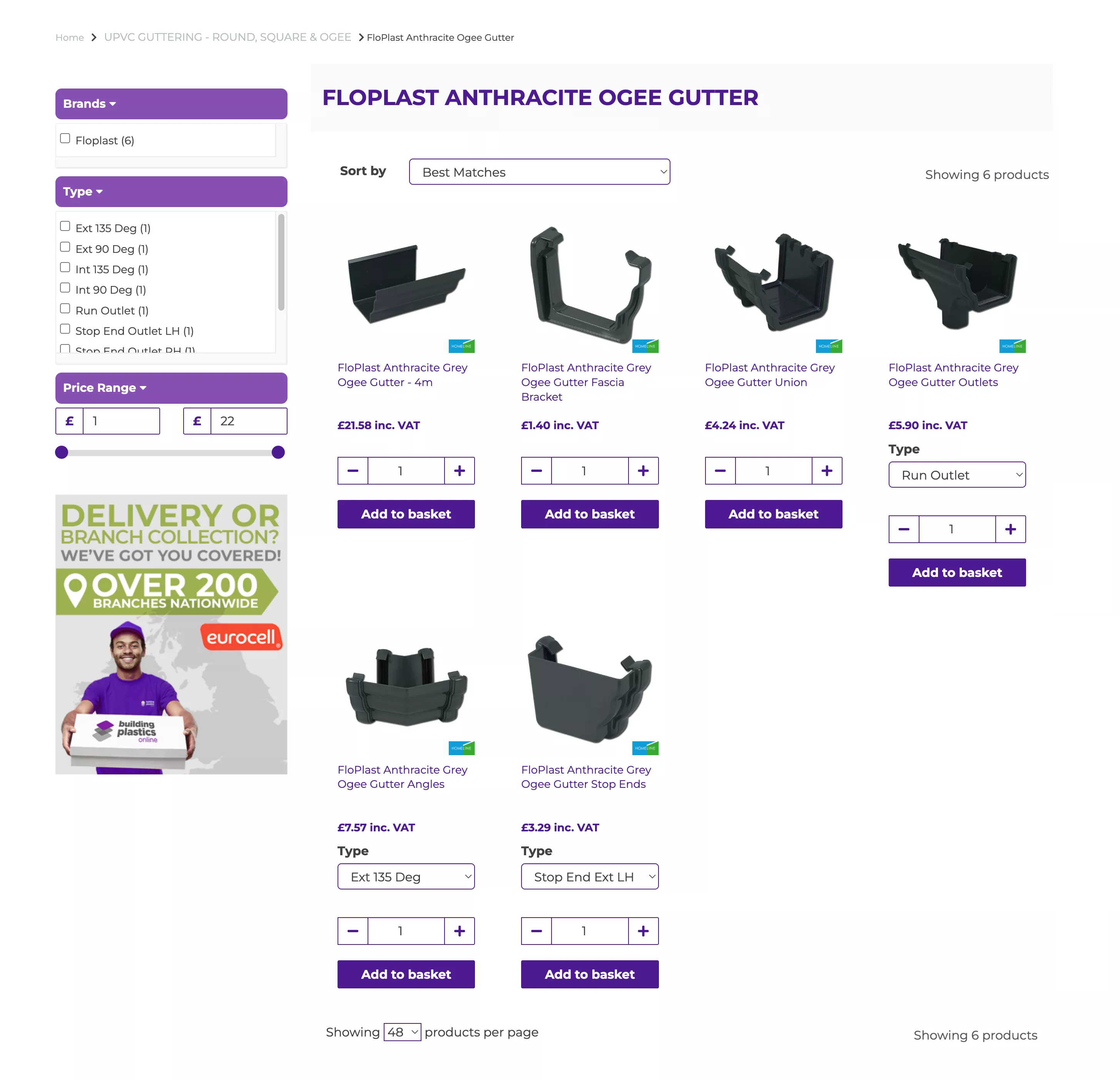 Screenshot of the Building Plastics Online website category page