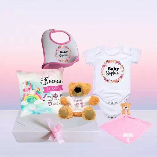 Personalised Baby Hamper - Cushion, Baby Grow, Bib, Teddy Bear and a Comforter