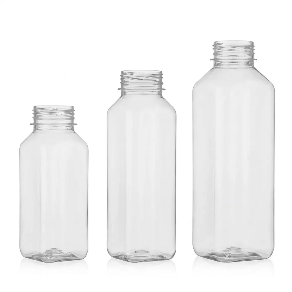 Bella Square clear PET juice bottles in three sizes