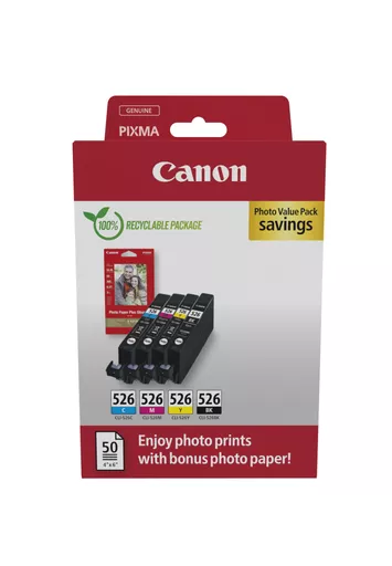 Canon 4540B019/CLI-526 Ink cartridge multi pack Bk,C,M,Y + Photopaper 10x15cm 50 sheet Blister, 4x450 pages ISO/IEC 24711 9ml Pack=4 for Canon Pixma IP 4850/MG 5350/MG 6150/MG 6250/MX 885