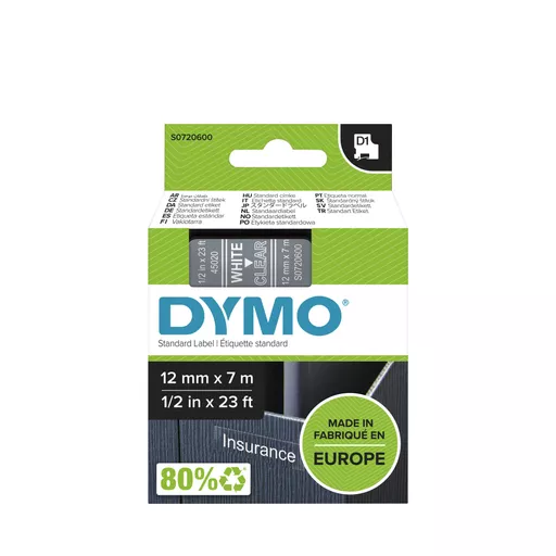 Dymo 45020/S0720600 DirectLabel-etikettes white on Transparent 12mm x 7m for Dymo D1 6-12mm/19mm/24mm/9-12mm/9-19mm