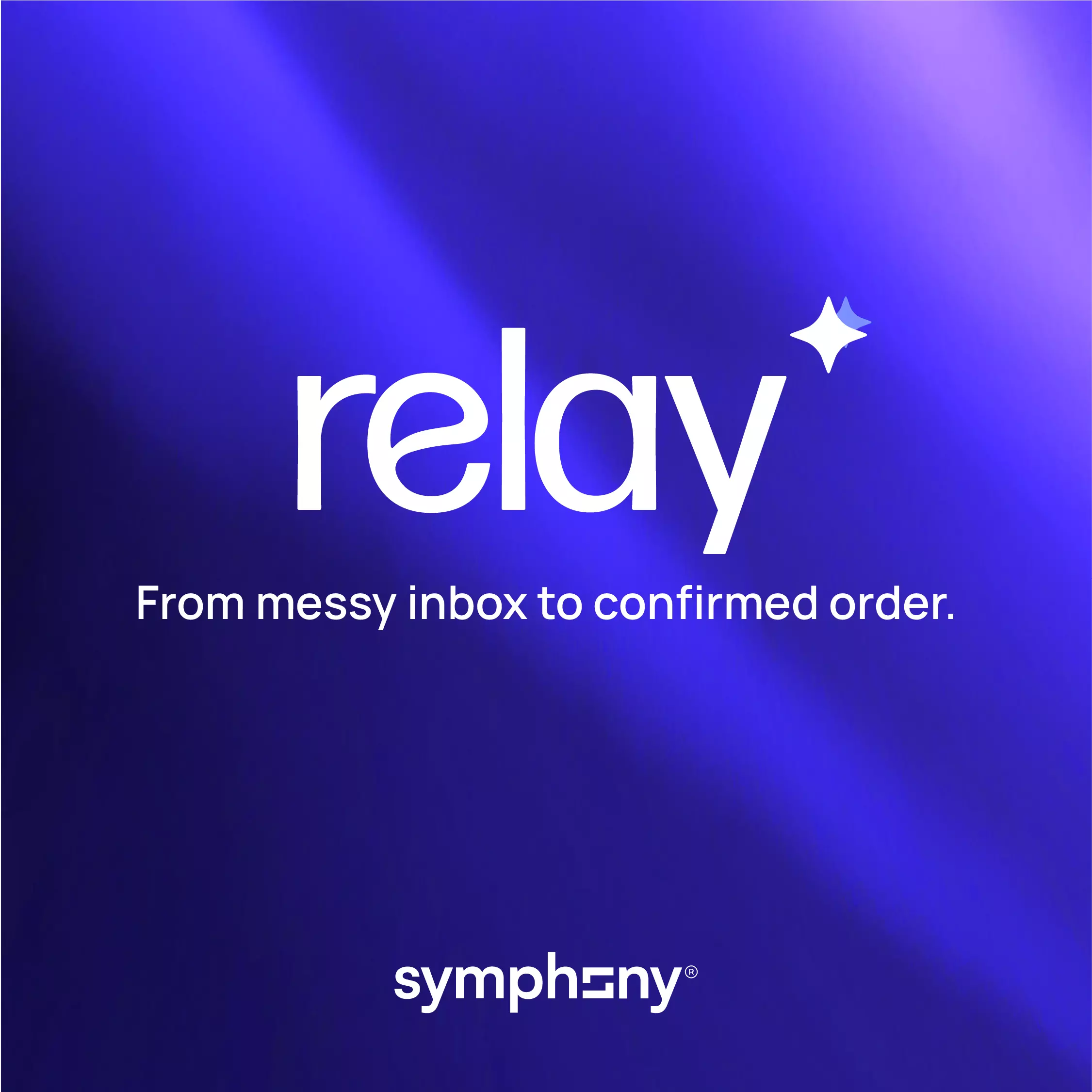 Dark purple background gradient with the Relay logo in the centre and Symphony Commerce logo at the bottom