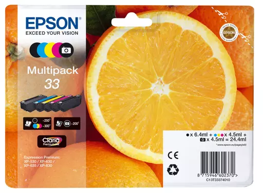 Epson C13T33374011/33 Ink cartridge multi pack Bk,C,M,Y,PBK EasyMail 6,4ml+4x4,5ml Pack=5 for Epson XP 530