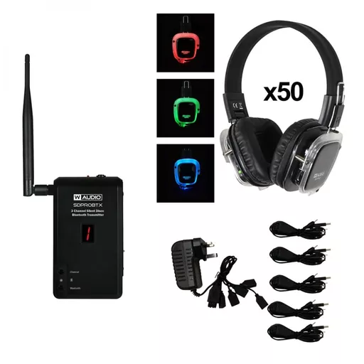W Audio Wireless Bluetooth Silent Disco Pack x50 Headphones & Transmitter Bundle