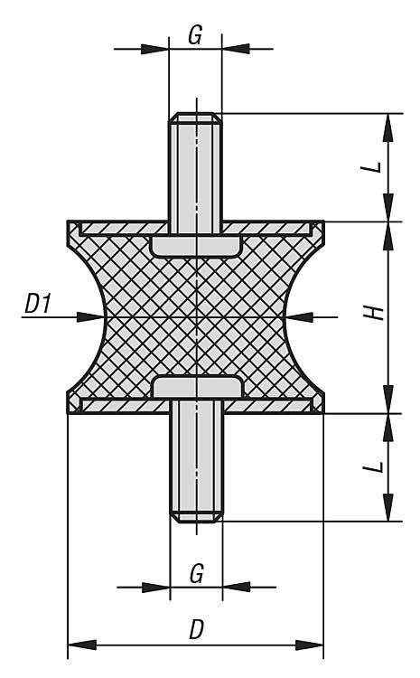Rubber Metal Buffer. Anti Vibration Mount. 40mm Diameter. 30mm High. M8x23mm Thread. Steel.