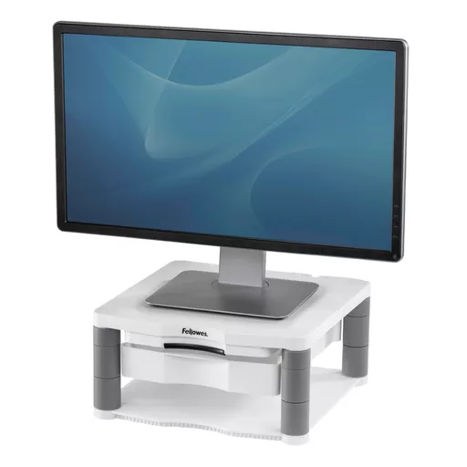 Fellowes Computer Monitor Stand with 3 Height Adjustments - Premium Monitor Riser Plus with Cable Management - Ergonomic Adjustable Monitor Stand for Computers - Max Weight 36KG/Max Size 21