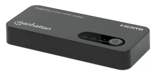 Manhattan 4K@60Hz 2-Port HDMI Splitter Splits One HDMI Input to Two HDMI Outputs (1x2), 18G, Micro-USB input for power, EDID Switch for Downscaling to 1080p, Black, 3 year warranty