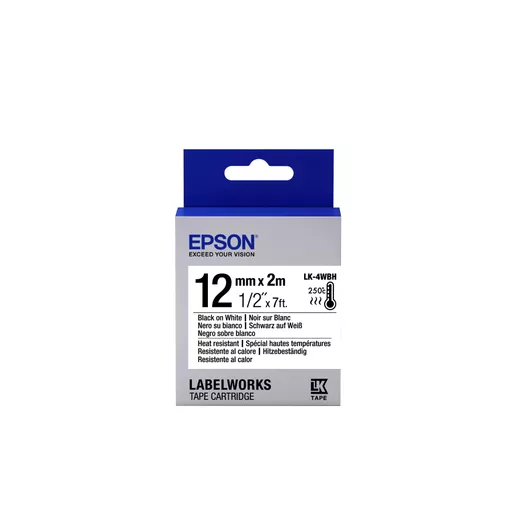 Epson C53S654025/LK-4WBH Ribbon black on white heat-resistant 12mm x 2m for Epson LabelWorks 4-18mm/36mm/6-12mm/6-18mm/6-24mm