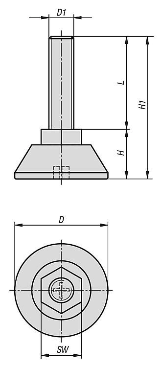 Round Levelling Foot. With Hex. 30mm Foot Diameter. M6x20mm Thread.