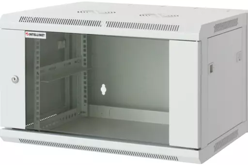 Intellinet Network Cabinet, Wall Mount (Standard), 12U, Usable Depth 500mm/Width 540mm, Grey, Assembled, Max 60kg, Metal & Glass Door, Back Panel, Removeable Sides,Suitable also for use on desk or floor, 19",Parts for wall install (eg screws/rawl plugs) n
