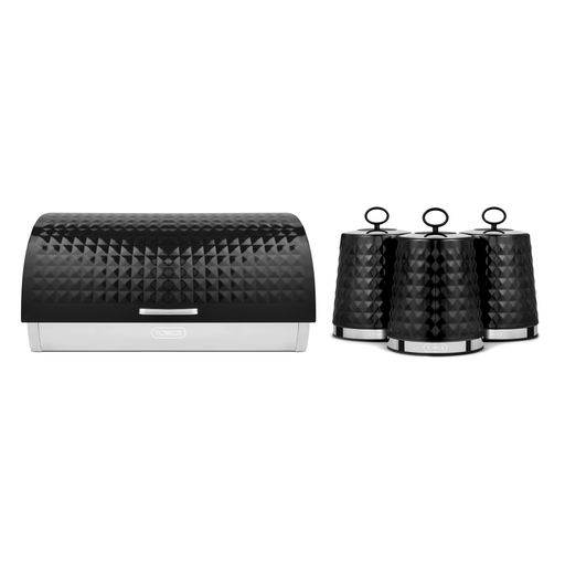 Tower Solitaire Bread Bin & Set of 3 Canisters Black