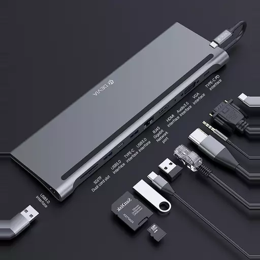 Devia - USB-C 11in1 Hub - PD, Ethernet, Card Reader, HDMI, & USB - Grey
