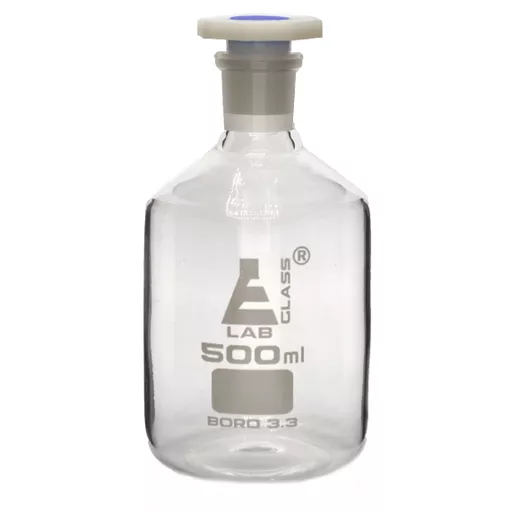 Reagent bottles, clear glass, narrow mouth with interchangeable dustproof polythene stoppers with hexagonal heads, capacity 250 cm3