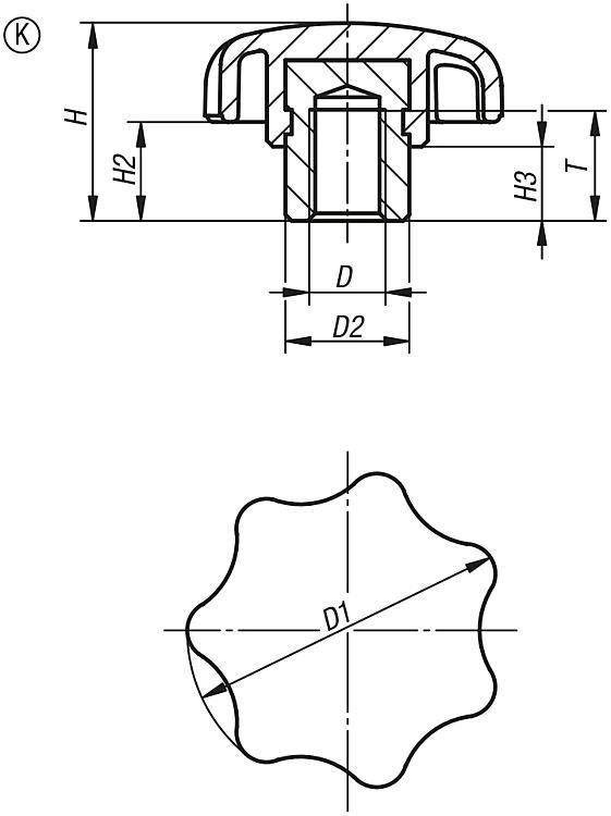Star Grip. Steel Bush. M5 Thread. Plastic. 25mm Grip Diameter. Steel Thread. Plastic.