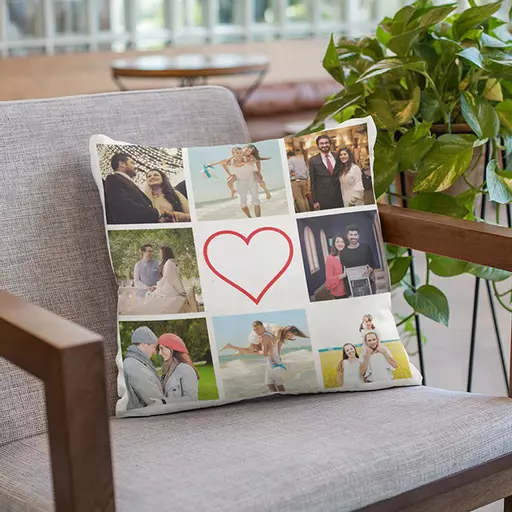 Personalised Multi Photo Collage Cushion - 8 Photos Collage with a Heart