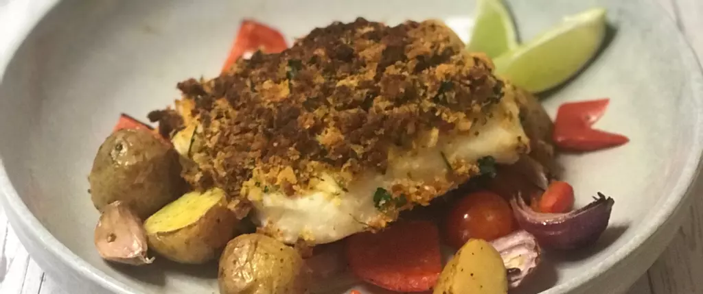 Spanish Chorizo Crusted Cod with Vegetable Traybake
