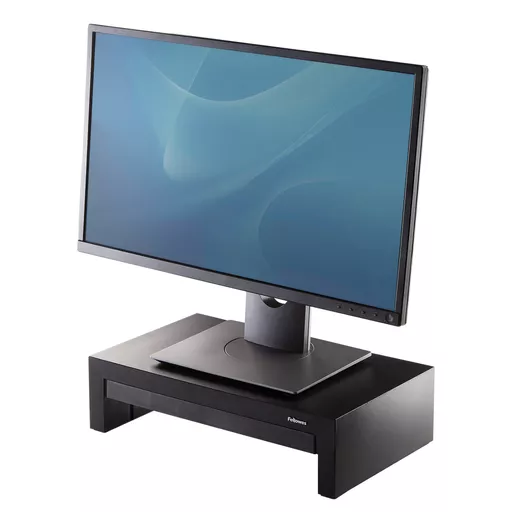 Fellowes Computer Monitor Stand with 3 Height Adjustments - Designer Suites Monitor Riser with Storage Tray - Ergonomic Adjustable Monitor Stand for Computers - Max Weight 18KG/Max Size 21" - Black/Pearl