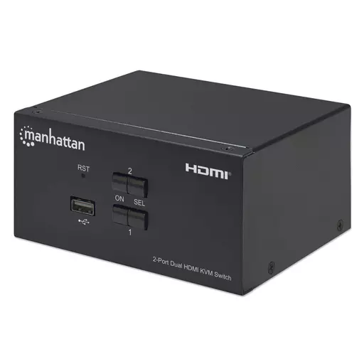 Manhattan HDMI KVM Switch 2-Port, 4K@30Hz, USB-A/3.5mm Audio/Mic Connections, Cables included, Audio Support, Control 2x computers from one pc/mouse/screen, USB Powered, Black, Three Year Warranty, Boxed