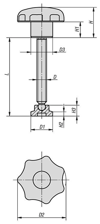Presure Spindle. M6x54mm Thread. 32mm Grip Diameter. Plastic & Steel.