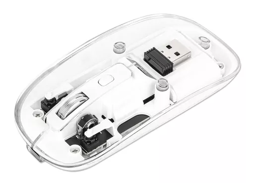 Manhattan Transparent Rechageable Wireless Mouse, Clear/White, Adjustable 800/1200/1600dpi, With RGB LED light, 2.4Ghz (effective range up to 10m), USB, Optical, Ambidextrous, Four Button with Scroll Wheel, Slim Design, USB-A micro receiver, Lithium Ion b