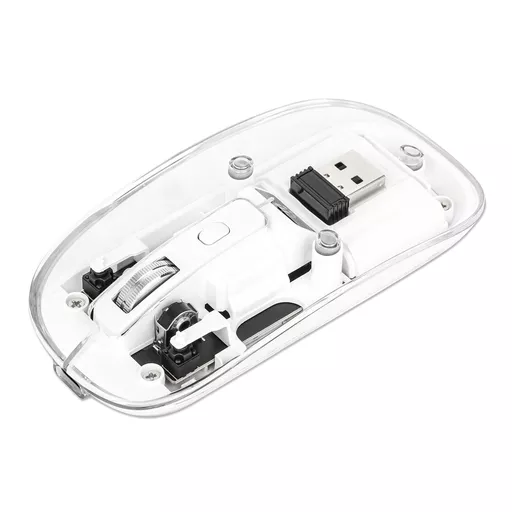 Manhattan Transparent Rechageable Wireless Mouse, Clear/White, Adjustable 800/1200/1600dpi, With RGB LED light, 2.4Ghz (effective range up to 10m), USB, Optical, Ambidextrous, Four Button with Scroll Wheel, Slim Design, USB-A micro receiver, Lithium Ion b