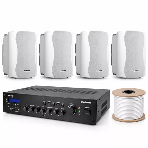 Adastra RM120D Background Music System with 4 White BGS35T Speakers & 50m Cable