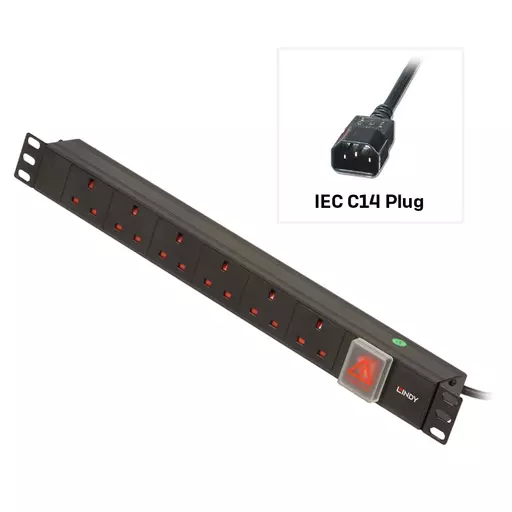 Lindy 1U 6 Way UK Sockets, Horizontal PDU with IEC C14 Cable