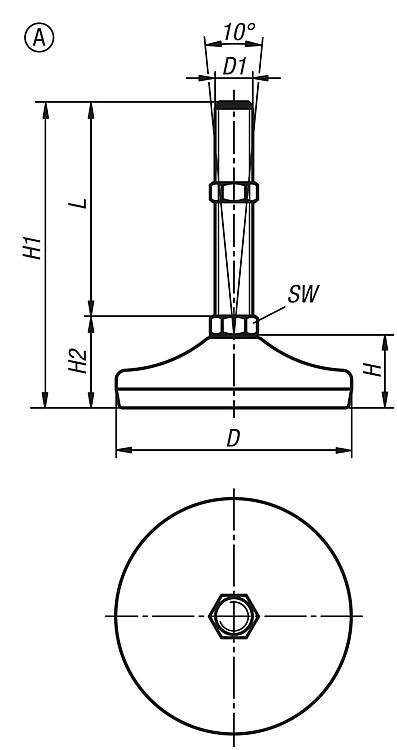 Levelling Foot. 50mm Foot Diameter. M10x100mm Thread. Steel. Rubber Base.