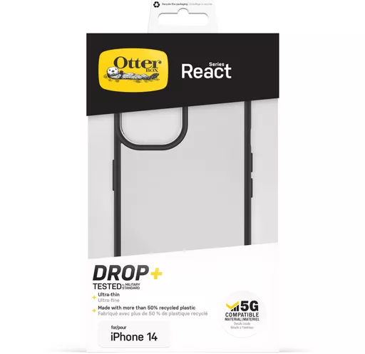 OtterBox React Case for iPhone 14, Shockproof, Drop proof, Ultra-Slim, Protective Thin Case, Tested to Military Standard, Antimicrobial Protection, Black Crystal