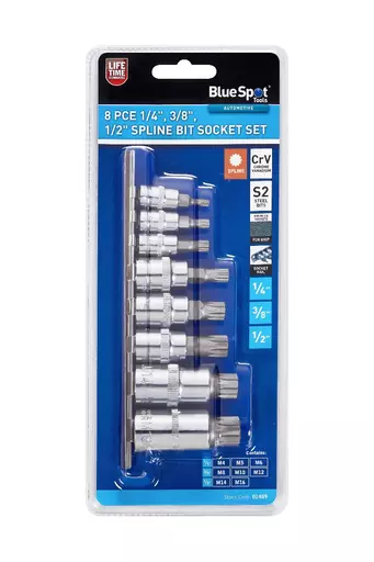 8 PCE 1/4", 3/8", 1/2" Spline Bit Socket Set (M4-M16)