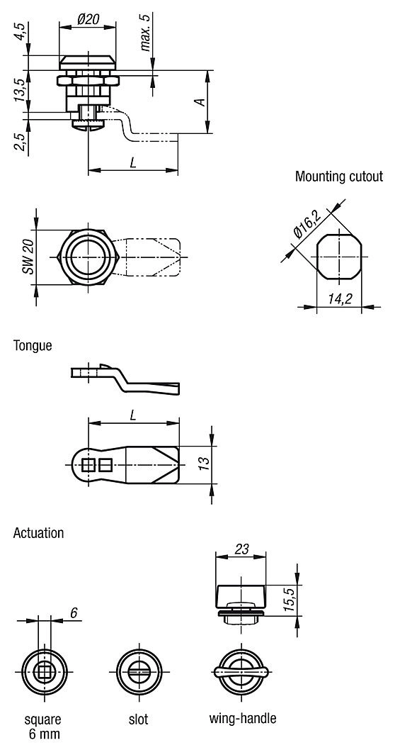 Quarter Turn Lock. 6mm Square Lock. 13.5mm Height. Zinc.