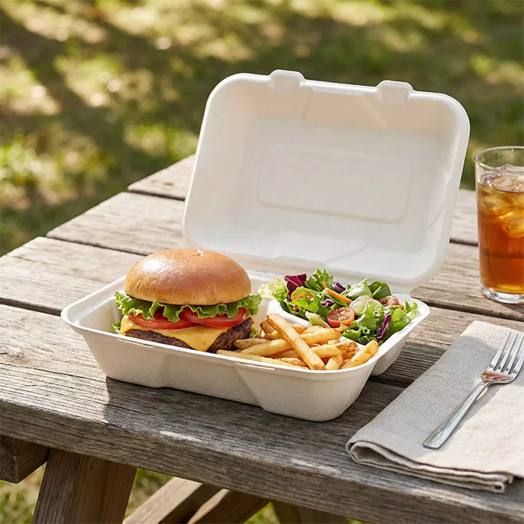 Bagasse clamshell food container made from sugarcane fibre