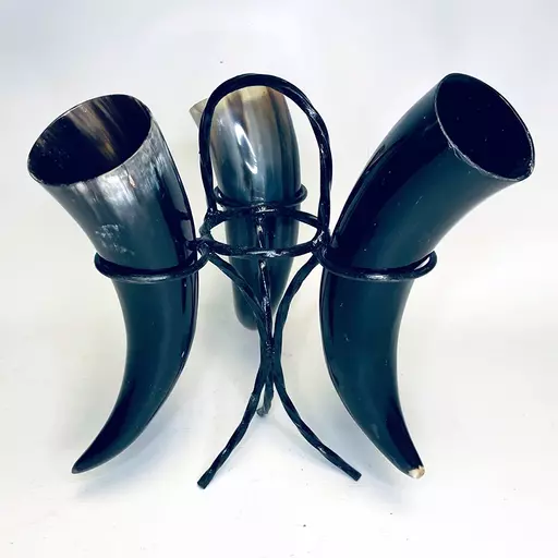 Set of 3 Drinking Horns with Metal Stand