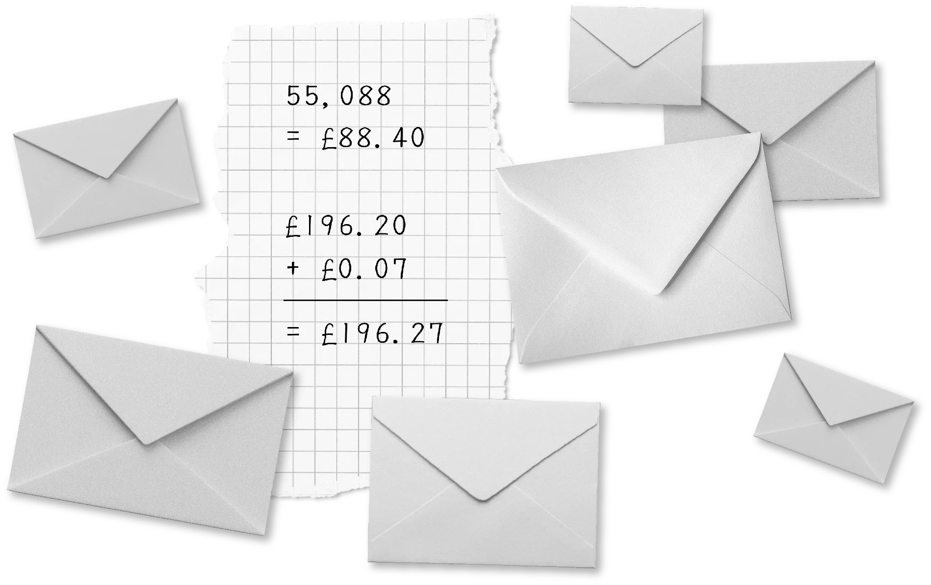 Letters floating around a grid piece of paper with equations