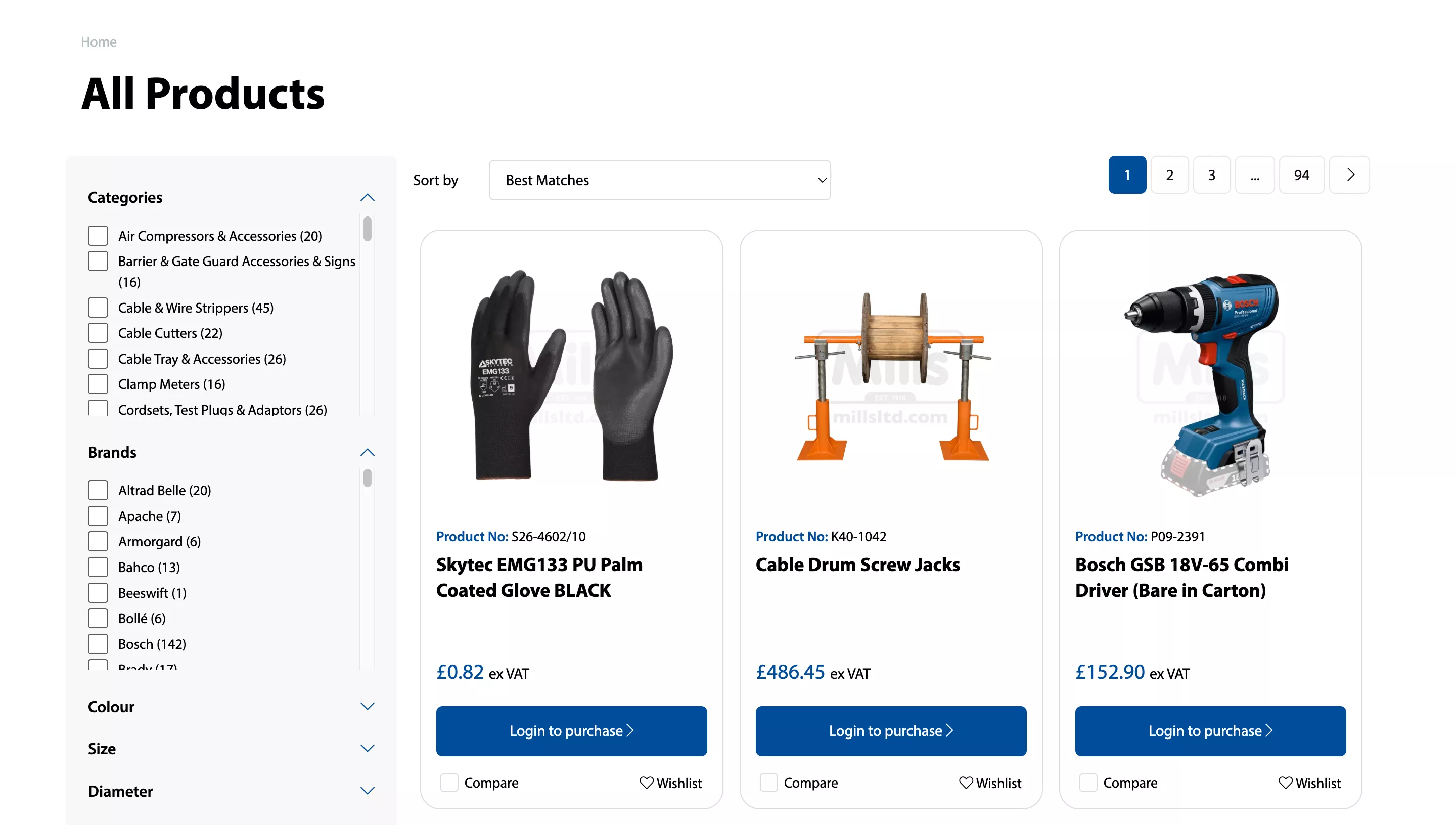 Screenshot of the Mills Ltd website category page design