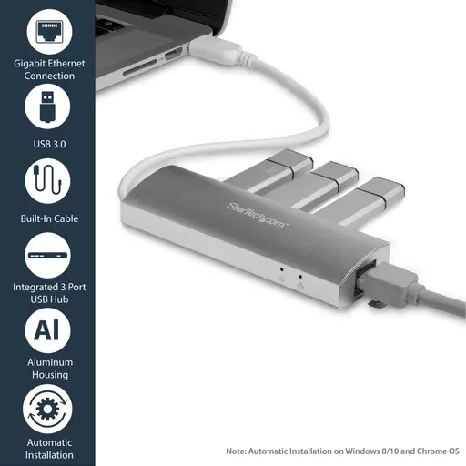 StarTech.com 3-Port Portable USB 3.0 Hub plus Gigabit Ethernet - Built-In Cable~3-Port Portable USB 3.0 Hub plus Gigabit Ethernet - 5Gbps - Built-In Cable