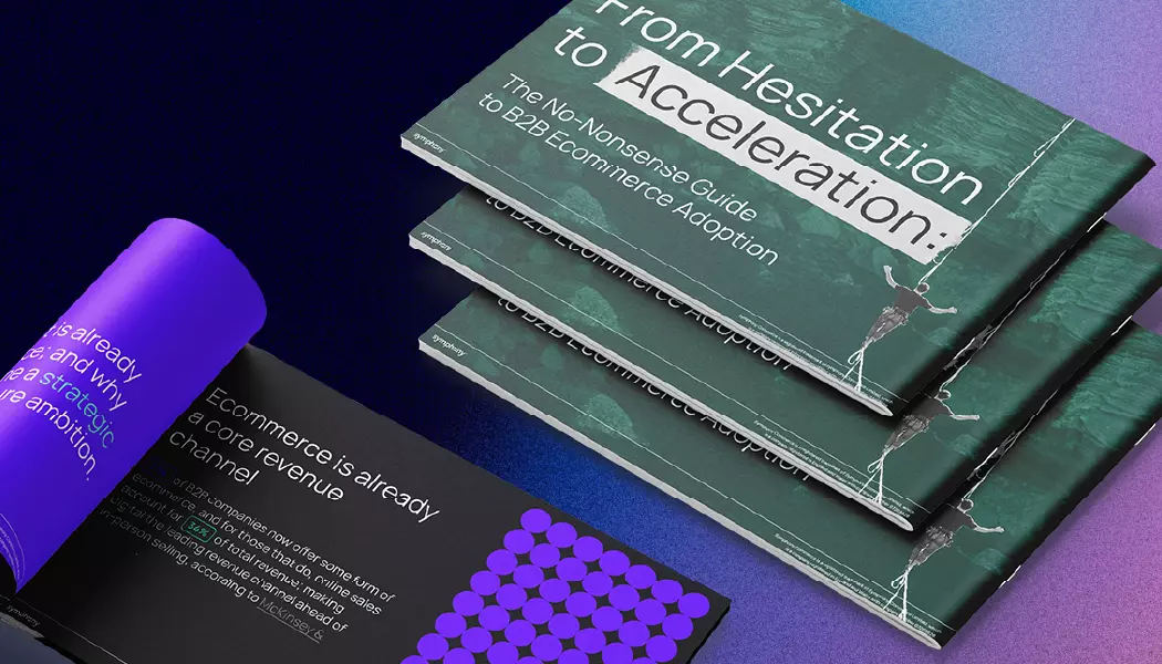 Gradient background with a mockup version of the First Time Adopters Whitepaper by Symphony Commerce